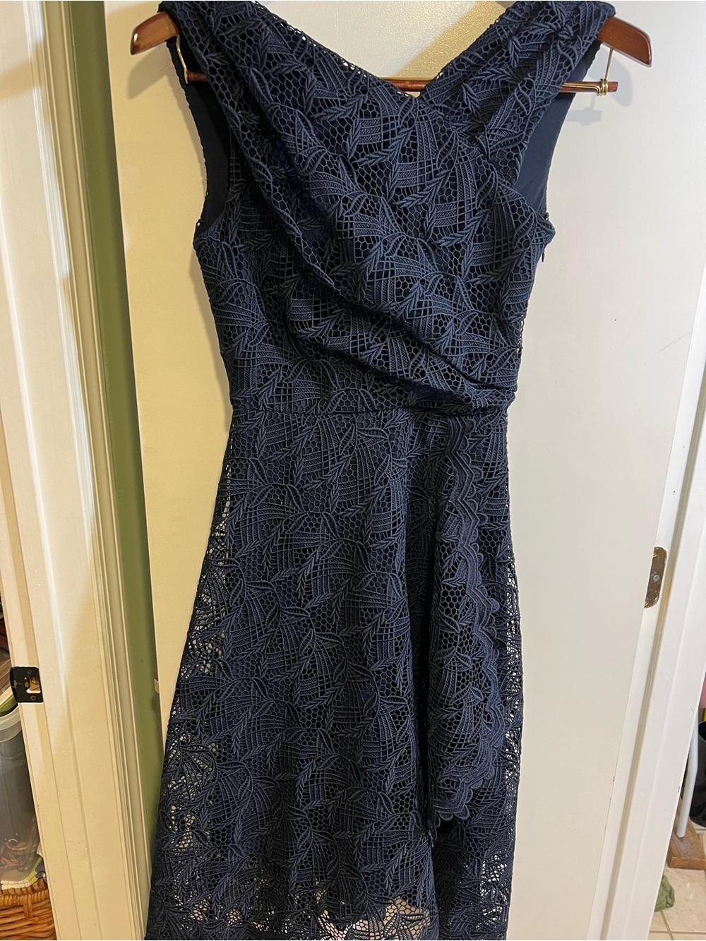 Reiss Navy Lace Midi Dress with Draped V-Back